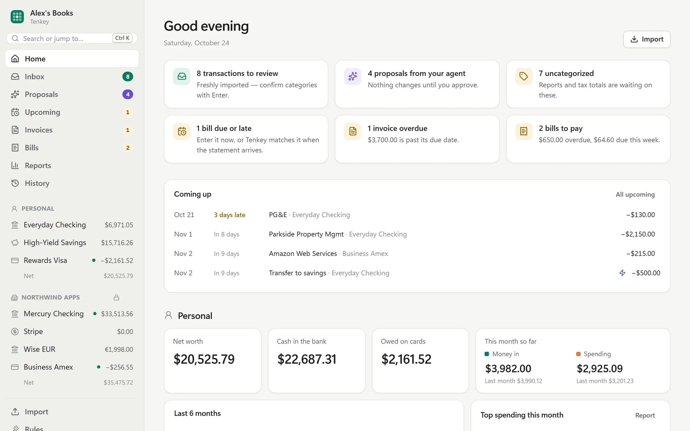 Tenkey's home screen: what needs review, proposals from an agent, upcoming bills, and personal and business accounts in the sidebar.