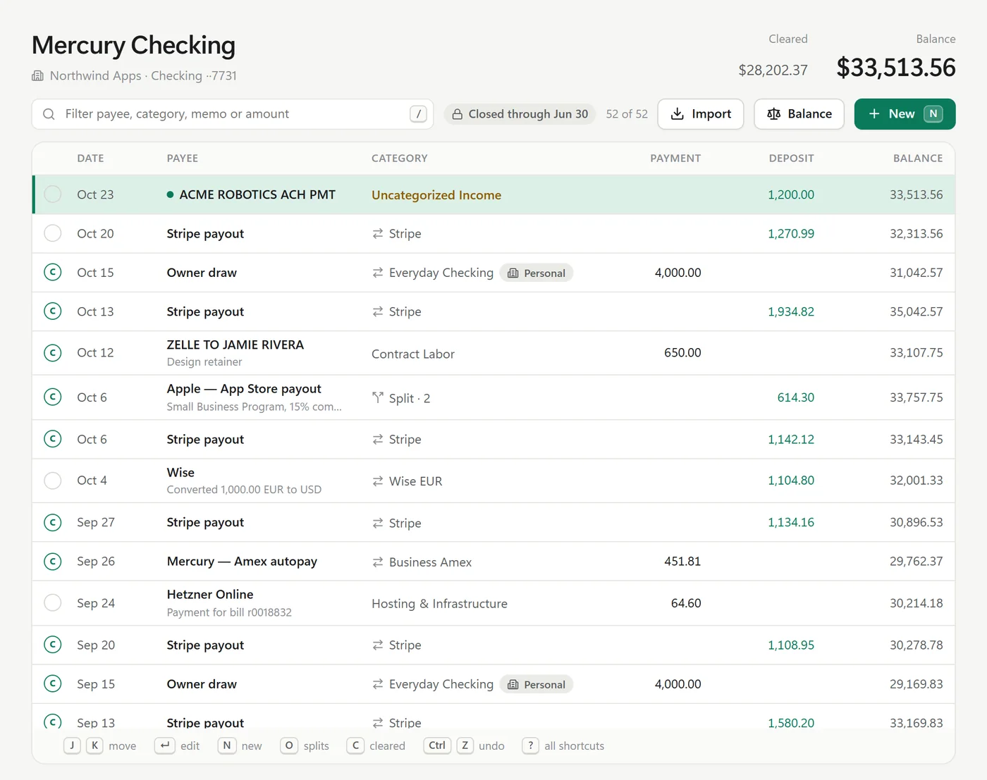 A checking account register with Stripe payouts, an owner draw to the personal account, and keyboard shortcuts along the bottom.